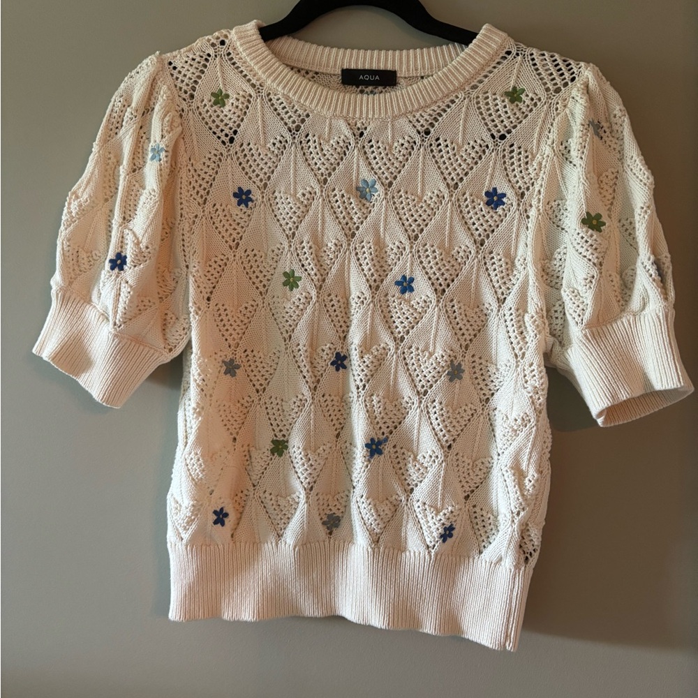 Aqua Cream Knit Top with Floral Accents
